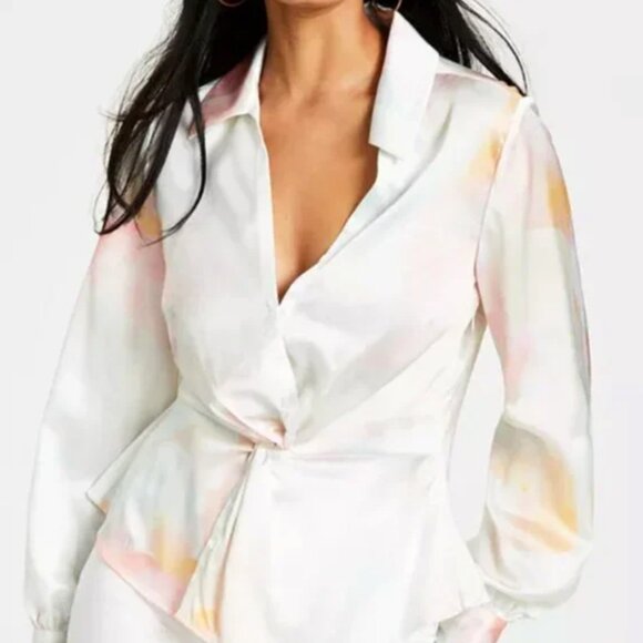 Guess Women's  Poetic Floral Print Long Sleeve Evie Satin Blouse Sz S - Picture 2 of 3